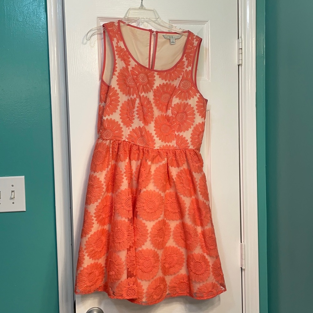 Coral dress, flowered print